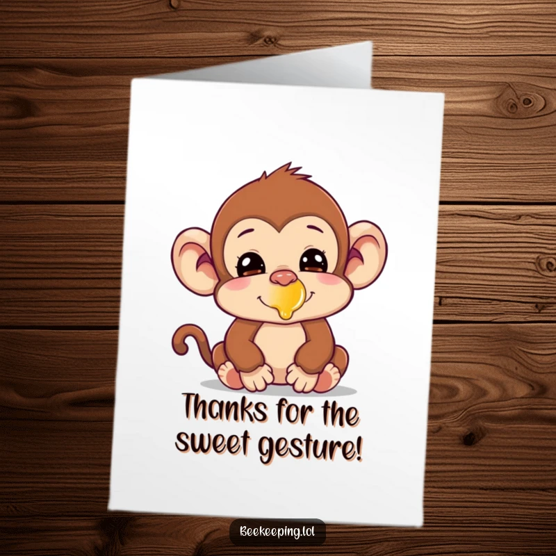 Funny Free Printable Thank You Card: A silly monkey with honey on its nose, giving a cheeky grin. Adorable and funny.