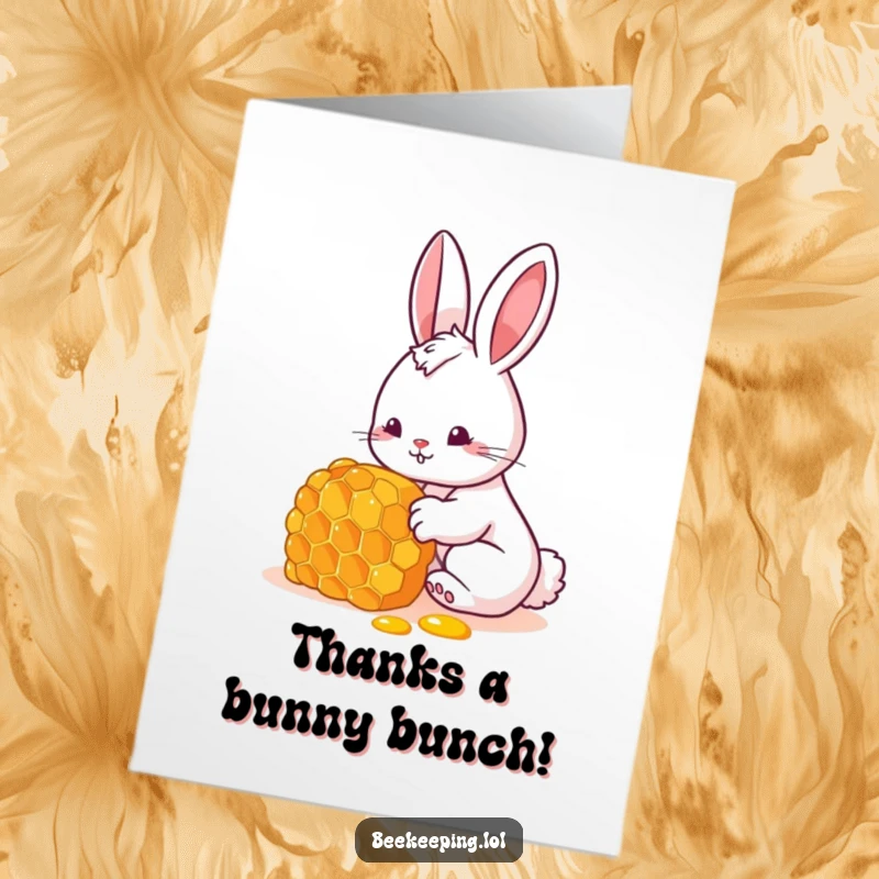 Funny Free Printable Thank You Card: Happy bunny curiously checking a honeycomb, expressing heartfelt thanks with a smile.
