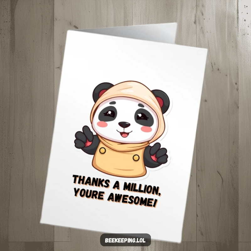 Funny Free Printable Thank You Card: A cheerful panda wearing a beekeeper veil smiles warmly. A cute and funny thank you design.