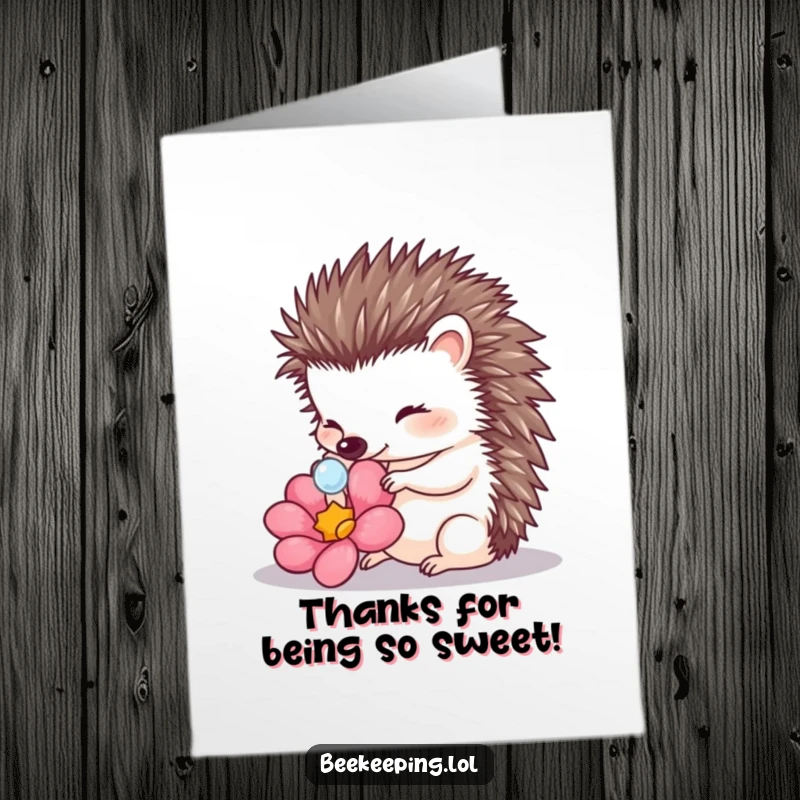 Free Printable Thank You Card: A charming hedgehog delicately touches a dewdrop on a flower petal. A serene and thoughtful design.