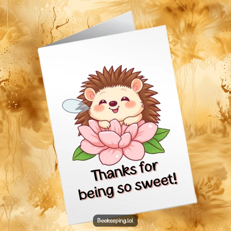 Funny Free Printable Thank You Card: A giggling hedgehog with wings hovering near a big flower, offering thanks. Adorable and funny.