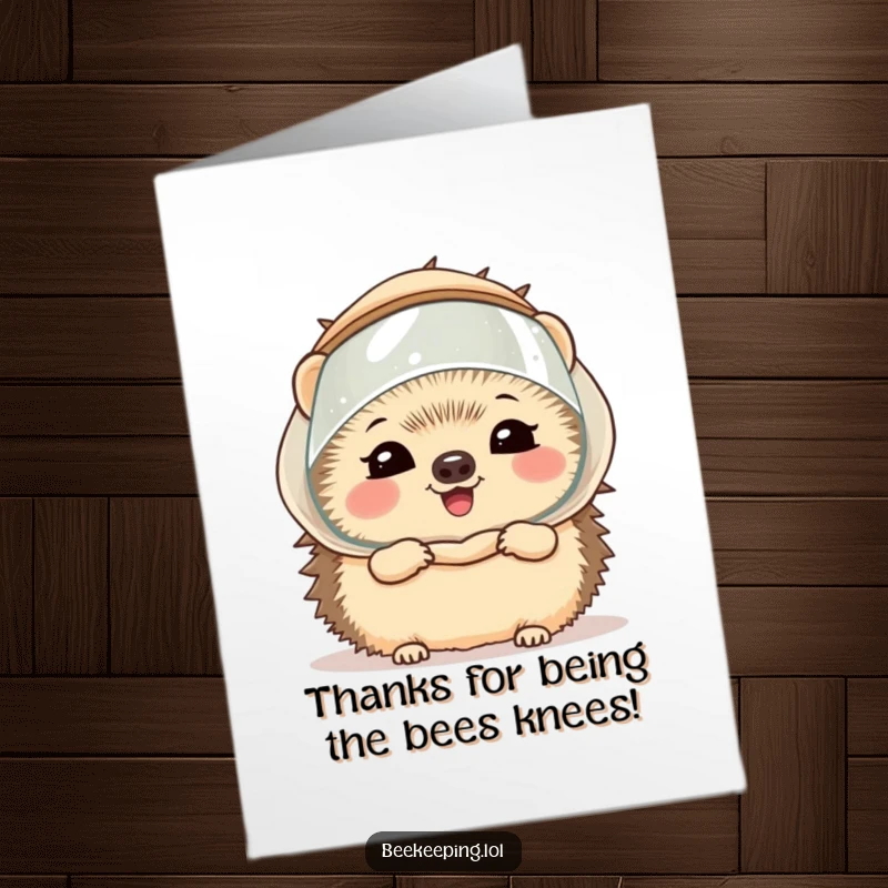 Funny Free Printable Thank You Card with a giggling hedgehog wearing a beekeeper veil, expressing sweet gratitude.