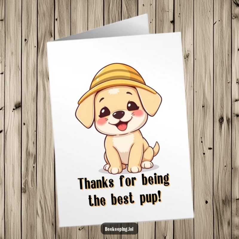 Funny free printable thank you card of a giggling puppy wearing a tiny beekeeper hat.