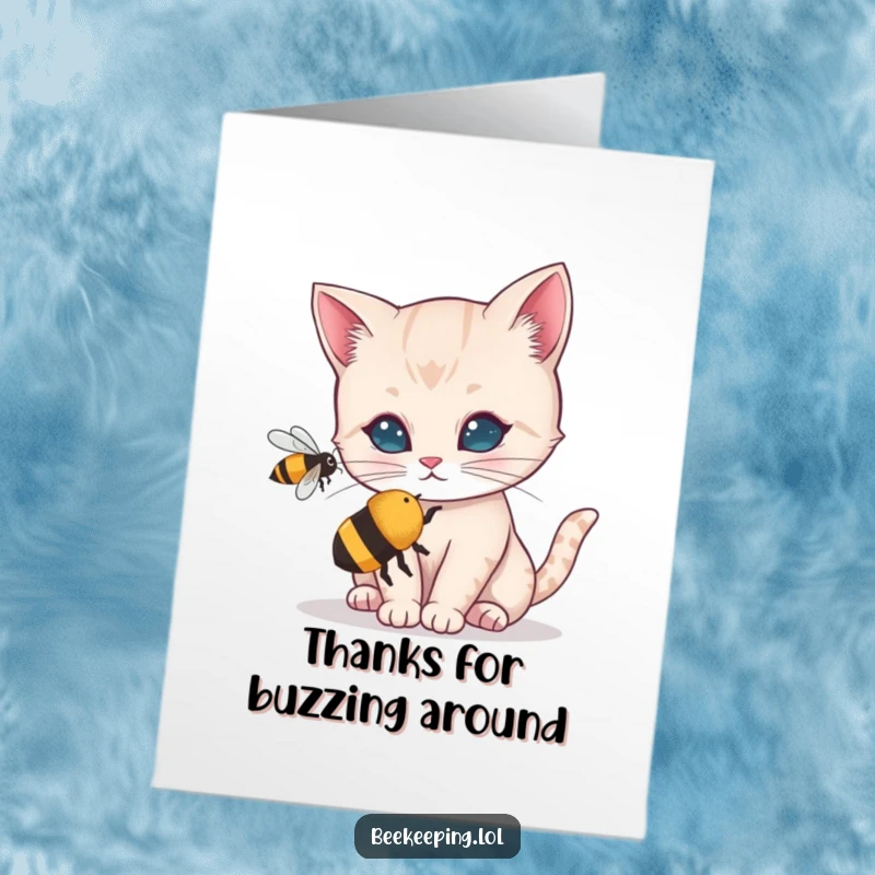 Funny Free Printable Thank You Card: A curious cat cautiously checking out a tiny, buzzing bee.