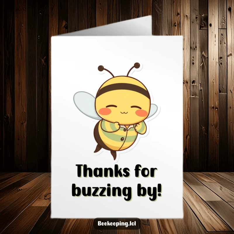 Funny Free Printable Sleepy Bee Thank You Card: A wobbly bee character in pajamas flying with a contented sleepy grin.