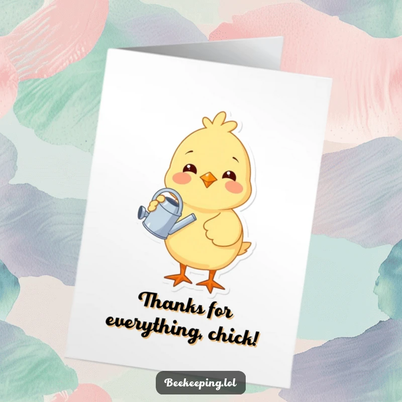 Funny Free Printable Thank You Card featuring a cute chick with a tiny watering can, expressing thanks with a splash of personality.