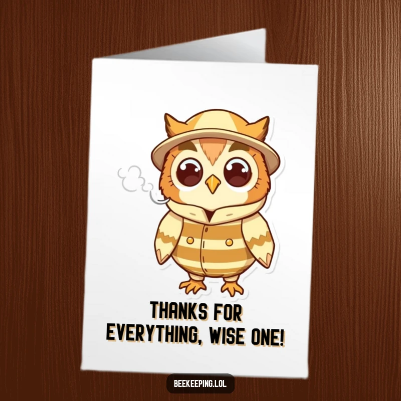 Funny Free Printable Owl Thank You Card: Cheerful owl beekeeper with smoke, ideal for thoughtful DIY thank yous.