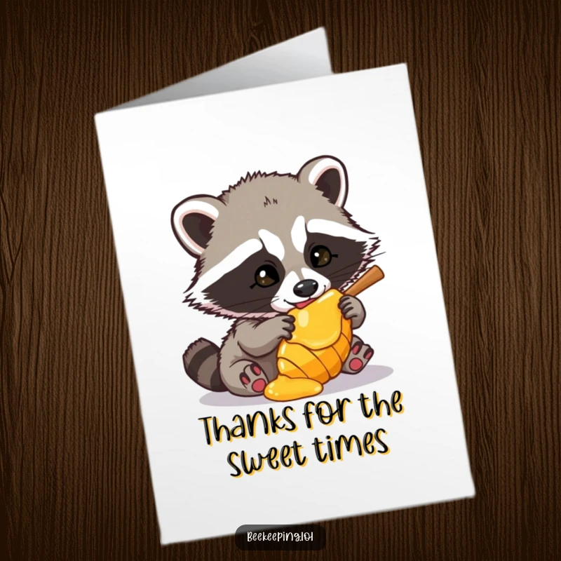 Funny Free Printable Thank You Card art of a raccoon caught with honey, a comical way to say thanks, downloadable now.