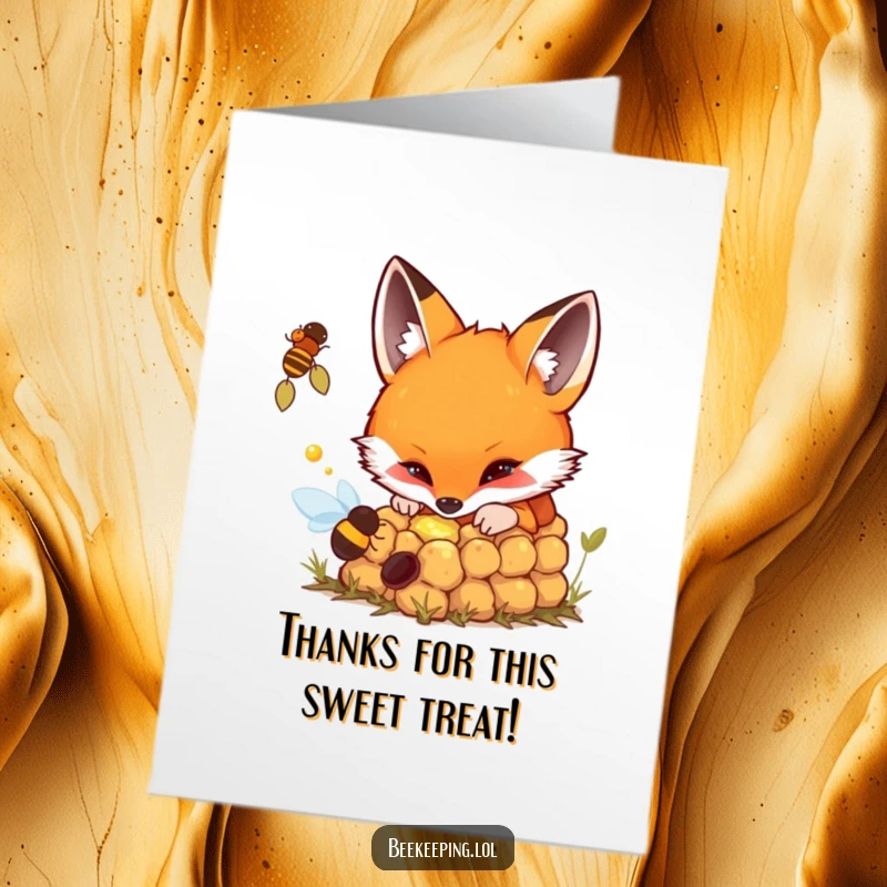Funny Free Printable Thank You Card: A fox curiously peeking into a bubbling beehive, a unique downloadable gift.
