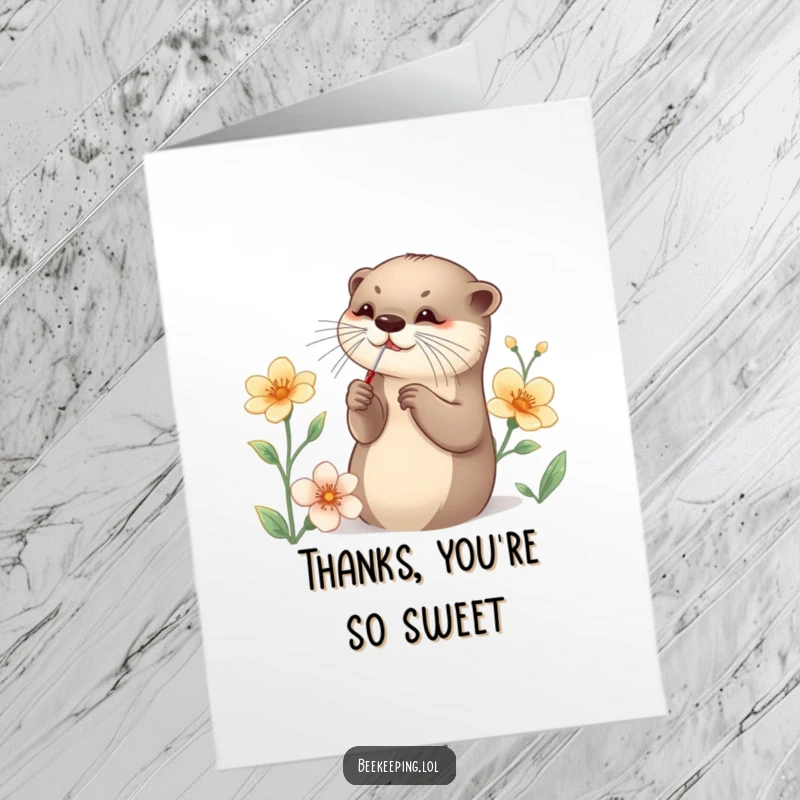Free Printable Thank You Card illustration of an otter gracefully collecting flower nectar with a miniature tool, perfect for downloadable thanks.