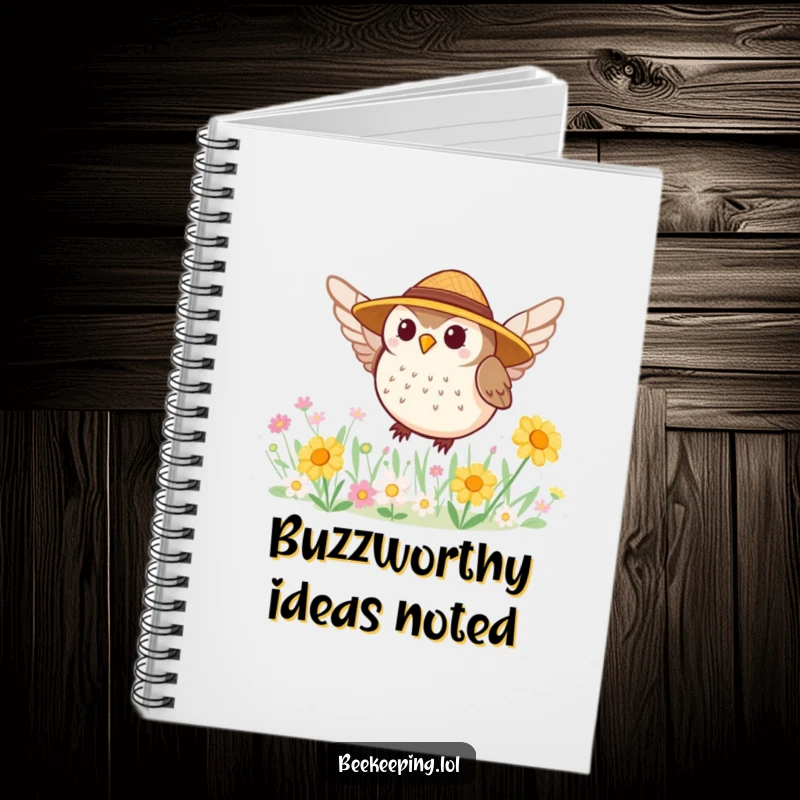 Funny notebook with a tiny, round owl in a straw hat buzzing around a flower patch, for capturing garden thoughts.