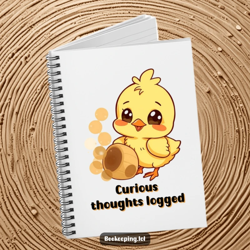 Funny notebook with a cheerful chick pecking at a honeycomb, wide curious eyes, for capturing sweet thoughts.