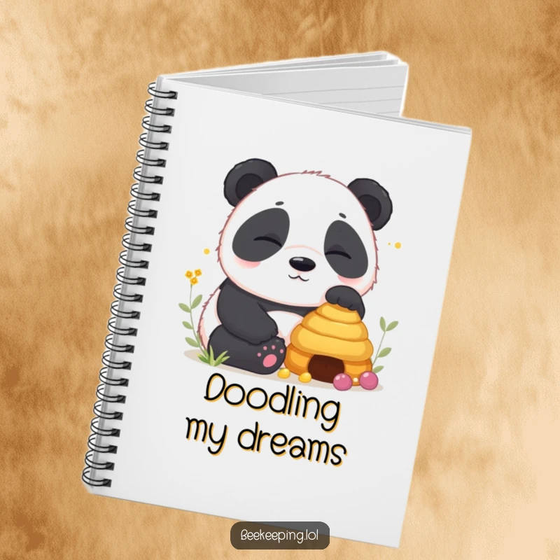 Funny Panda Notebook with a design of a sleepy panda cub sitting near a beehive, perfect for writing with humorous tranquility.