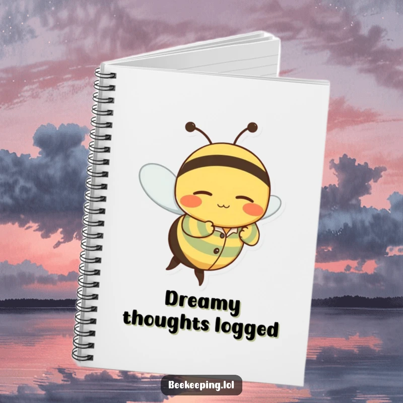 Funny notebook with a wobbly bee character in striped pajamas flying with a contented, sleepy grin, for capturing sweet thoughts.