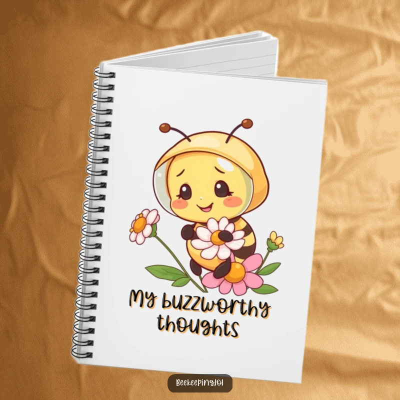 Funny bee in a tiny beekeeper veil, examining a flower, a cute and humorous notebook for writing or drawing.
