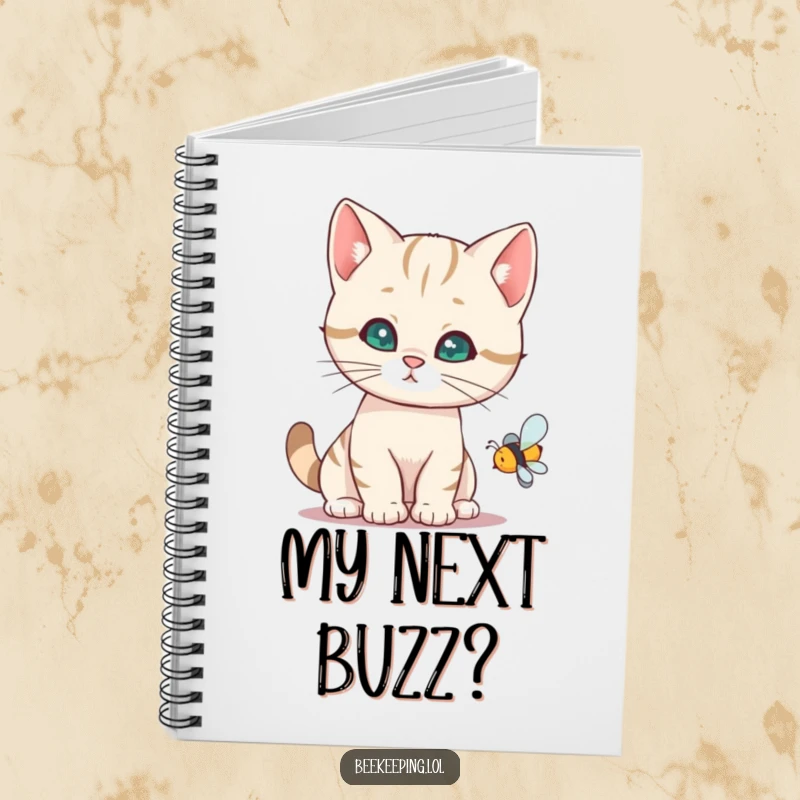 Funny cat notebook with a curious cat examining a buzzing bee, perfect for writing and sketching.