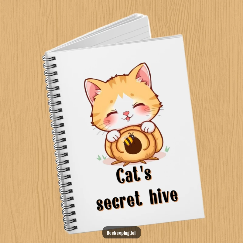 Funny notebook cover: a giggling cat curiously peeks into a small beehive, adding a humorous and charming element to note-taking.