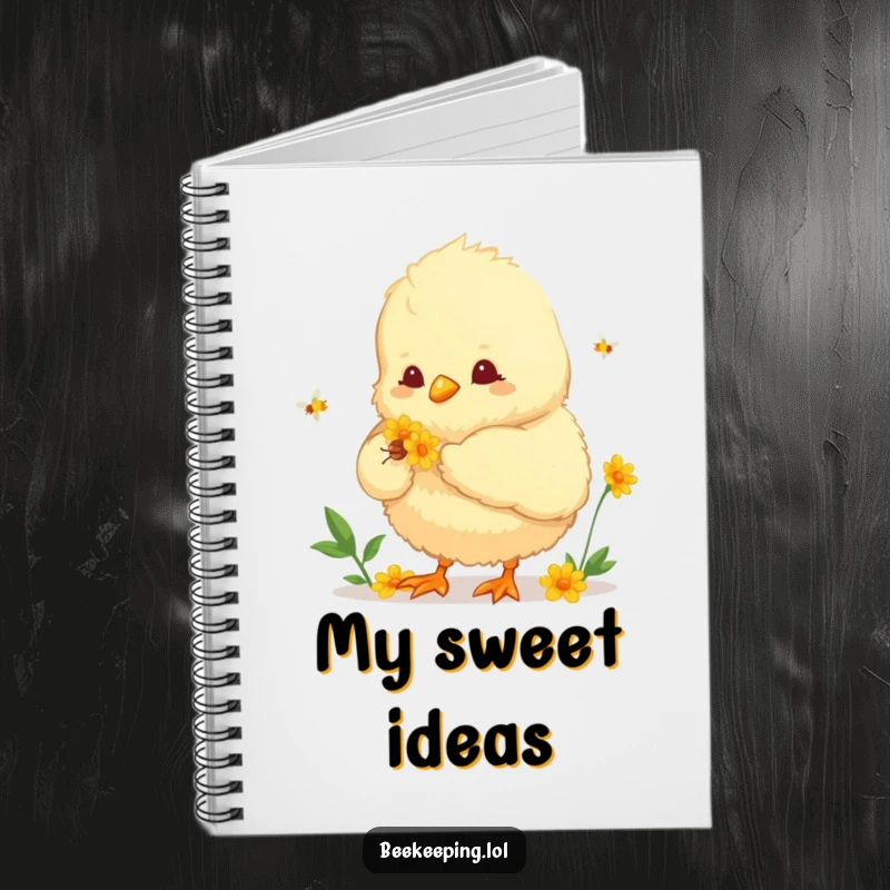 Funny notebook cover featuring a fluffy chick helping to collect nectar. Ideal for notes, journaling, and creative brainstorming.