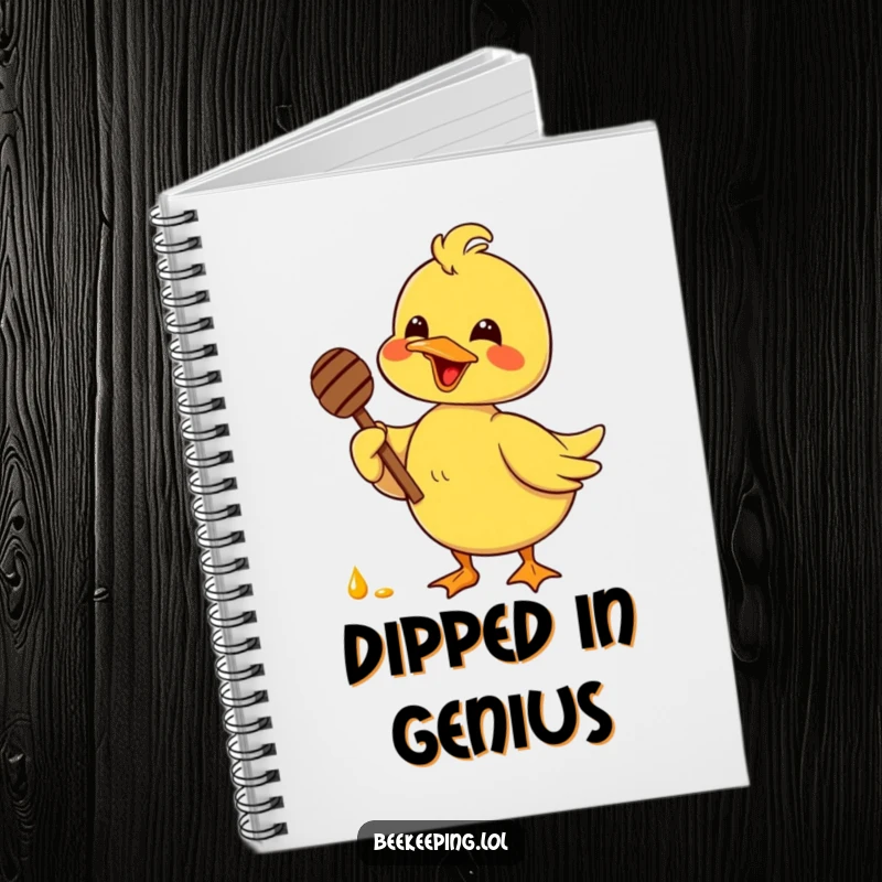 Funny delighted duck holding a honey dipper with glee, on a notebook cover, inspiring joy for writing and sweet planning.