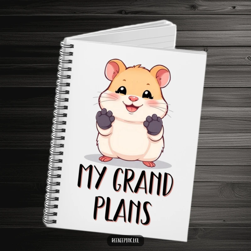 Funny hamster notebook with a smiling hamster wearing tiny work gloves, perfect for notes.