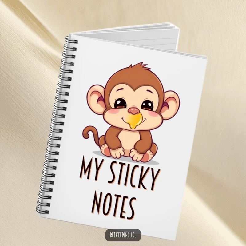 Funny silly monkey with honey on its nose on a notebook, for humorous journaling and sweet thoughts.