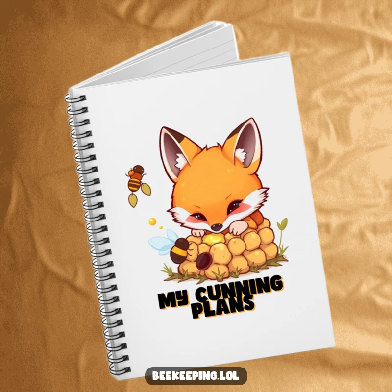Funny notebook cover with a fox curiously peering into a bubbling beehive, inspiring discovery.