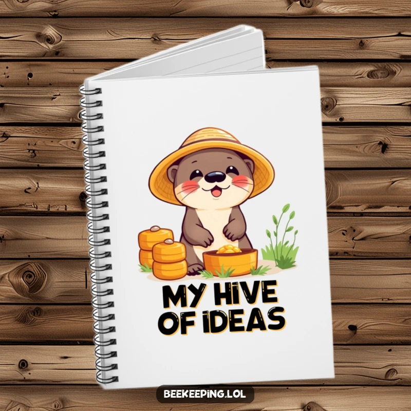 Funny notebook with a giggling otter in a straw hat, tending beehives, perfect for jotting down ideas with a humorous twist.