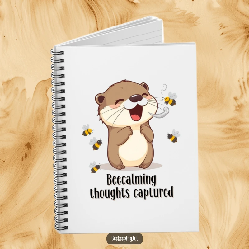 Funny notebook cover with an excited otter puffing smoke to calm bees, adding a humorous and creative flair to note-taking.
