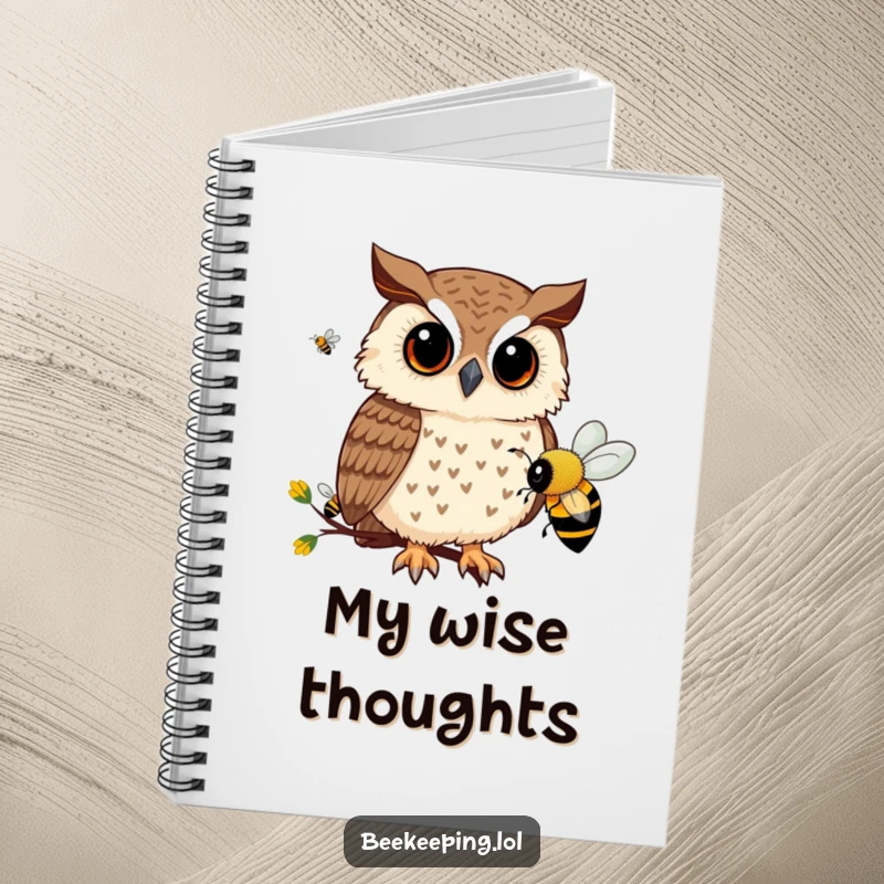 Funny notebook with a curious owl observing busy bees, perfect for jotting down thoughts with a touch of nature's humor.