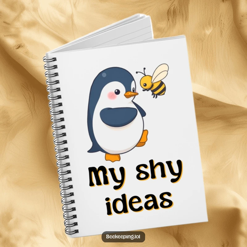 Funny notebook cover: a shy penguin cautiously hovers near a buzzing bee, adding a humorous and charming element to note-taking.