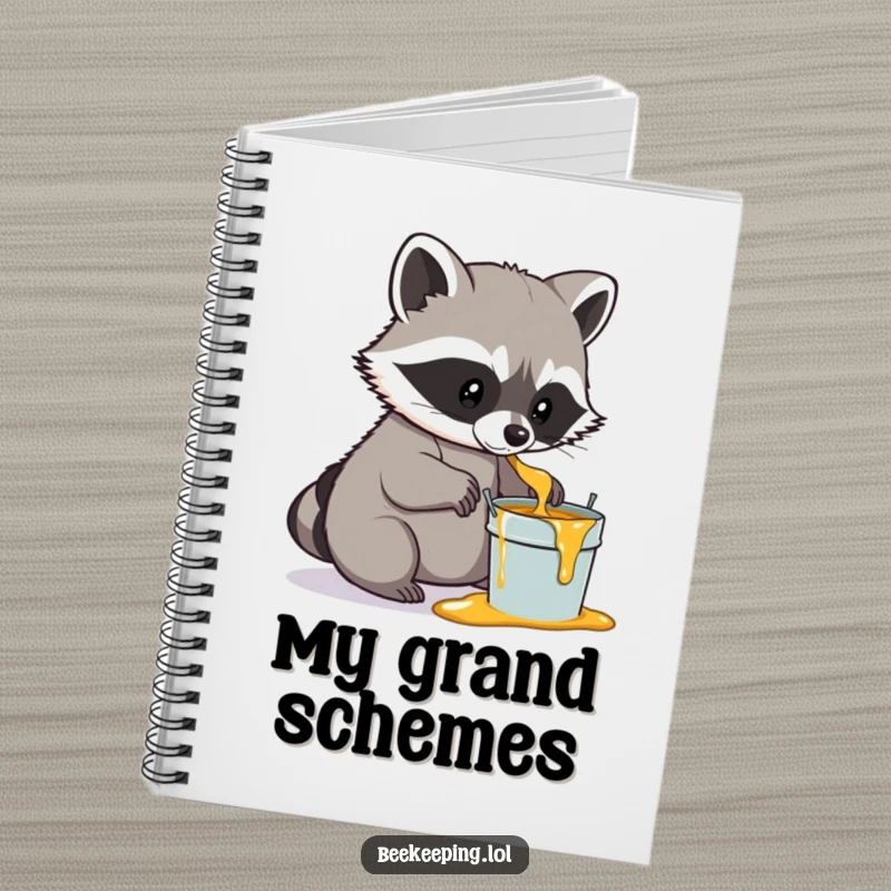 Funny Raccoon Honey Notebook, cute journal, a determined raccoon gently scooping honey into a small pail, humorous woodland stationery.