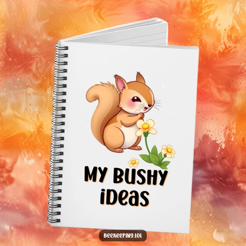 Funny Squirrel Flower Notebook, cute journal, bouncy squirrel gathering nectar from a flower, humorous nature stationery.