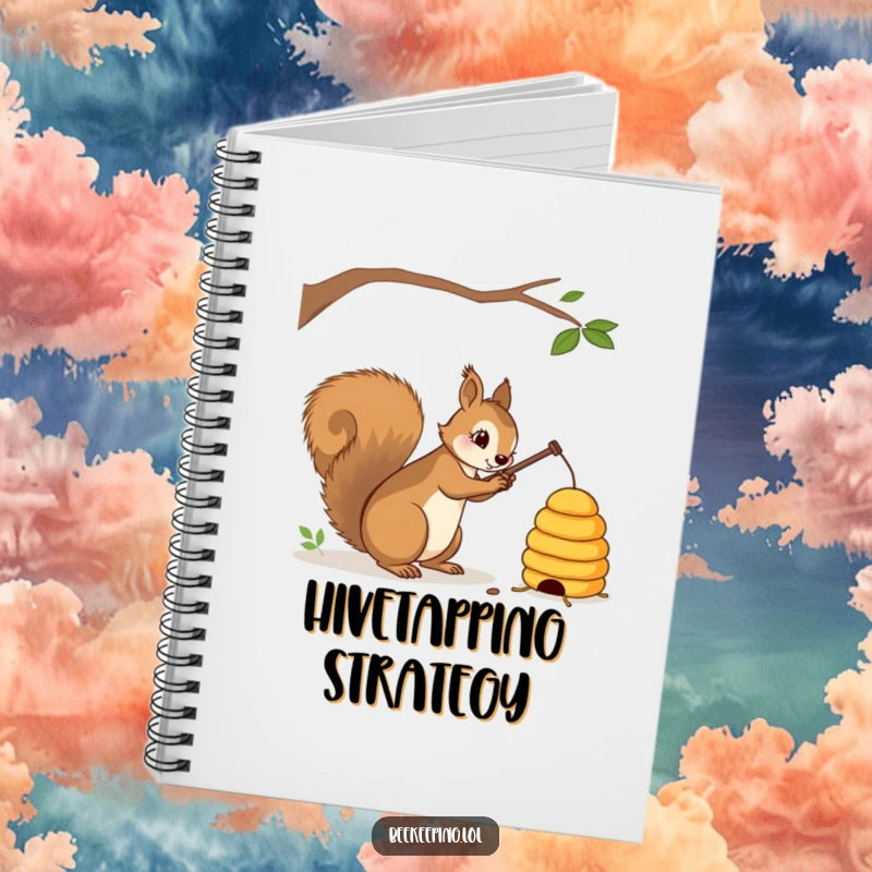 Funny squirrel with a stick gently tapping a beehive on a notebook, perfect for notes and sketches, humorous gift.