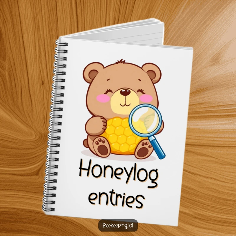 Funny bear with magnifying glass inspecting honeycomb on a notebook, perfect for notes and sketches, humorous gift.