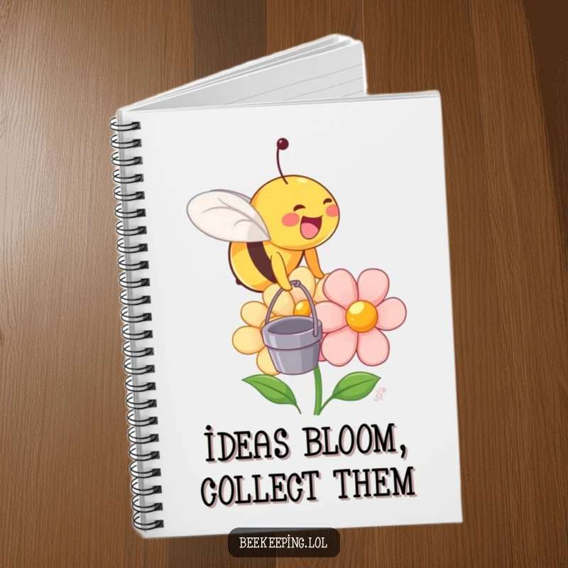 Funny notebook cover featuring a joyful bee with a small bucket landing on a smiling flower.