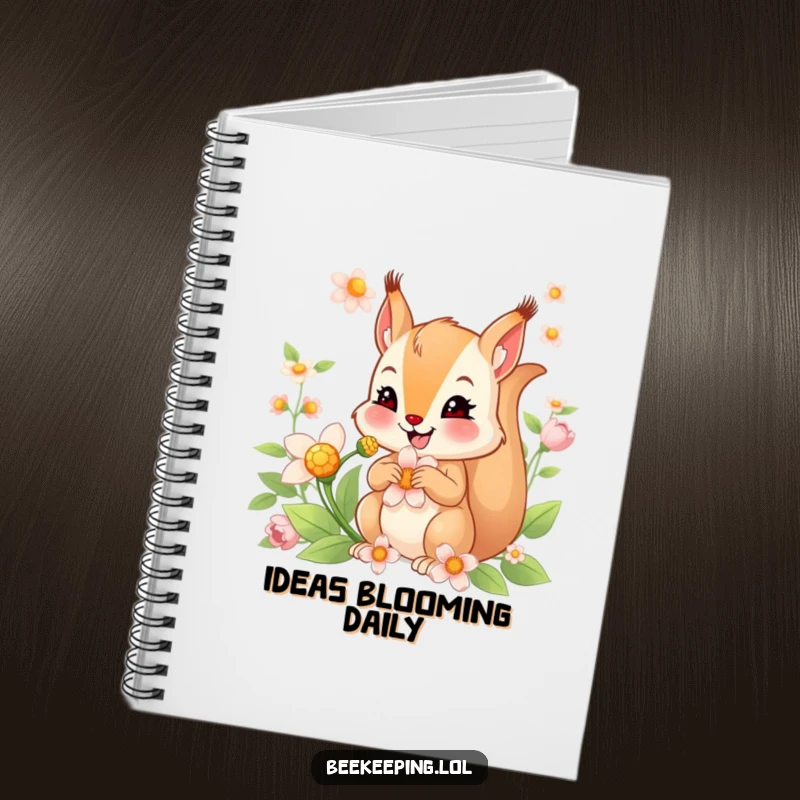 Funny notebook with a smiling squirrel collecting nectar from a flower, perfect for jotting down thoughts with a touch of nature's joy.