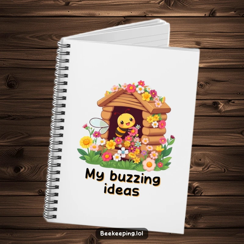 Funny notebook cover showing a busy bee tending to a flower hive, perfect for capturing notes joyfully.