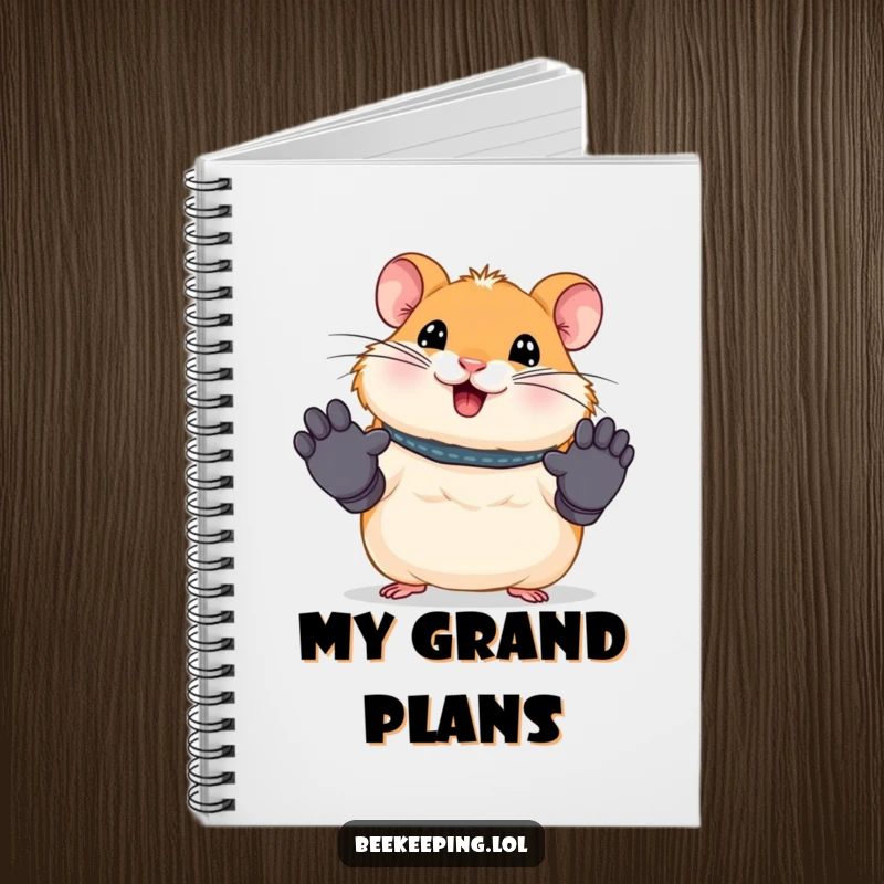 Funny notebook cover featuring a smiling hamster wearing tiny work gloves. Ideal for notes, planning, and creative brainstorming.
