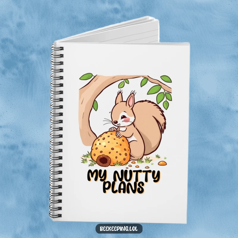 Funny notebook cover featuring a squirrel tending to a very large beehive. Ideal for notes, journaling, and creative brainstorming.
