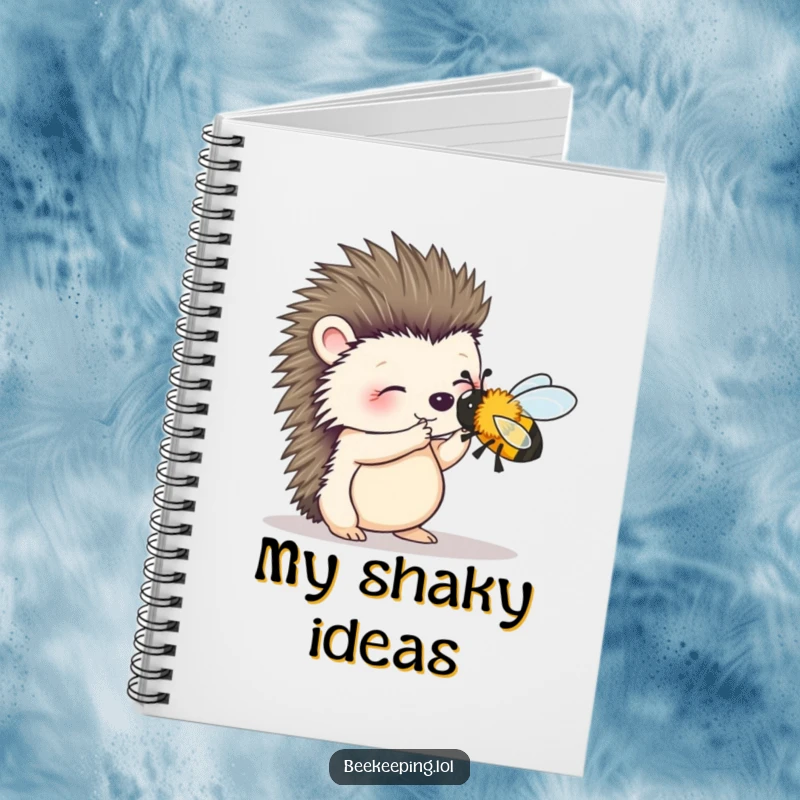 Funny notebook with a wobbly hedgehog attempting to brush a bee, perfect for notes, journaling, or creative thoughts.