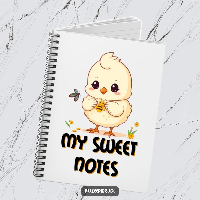 Funny chick notebook with a fluffy chick helping collect nectar, perfect for journaling.
