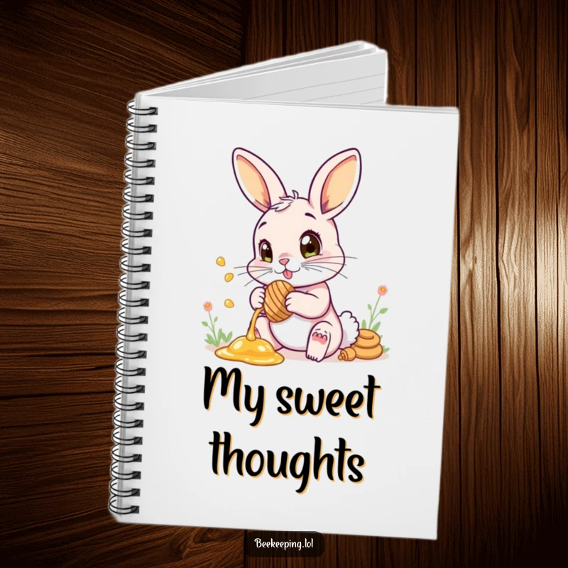 Funny notebook cover with a bunny collecting honey, eyes wide with enchanting wonder.