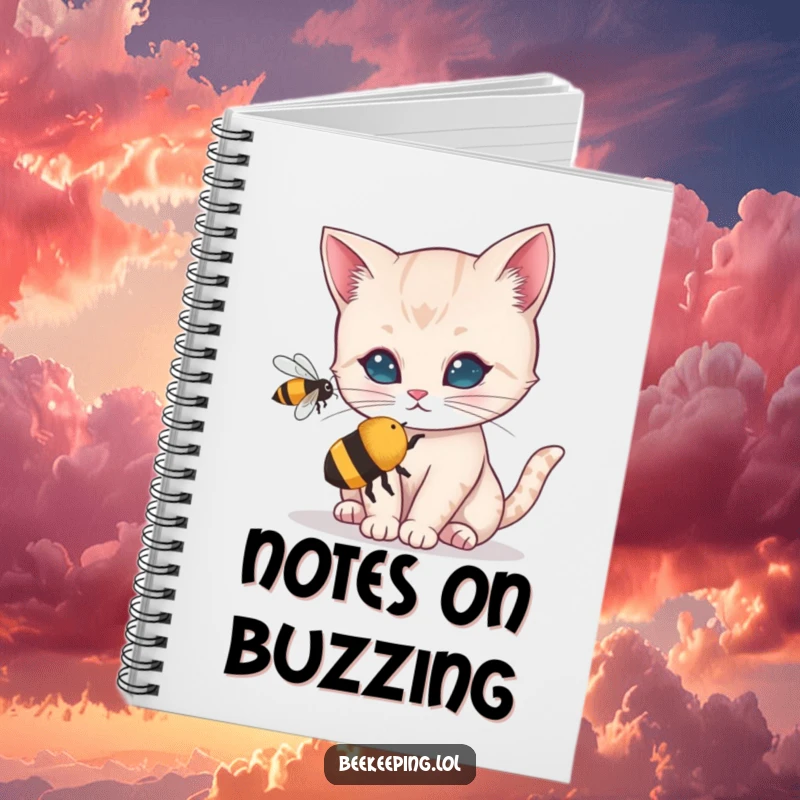 Funny notebook with a curious cat observing a small buzzing bee on the cover. Ideal for notes, journaling, and creative writing.