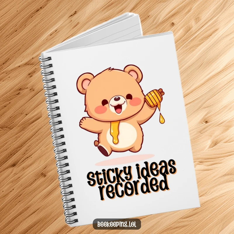 Funny notebook with a small, fluffy bear bouncing excitedly, holding a dripping honey pot, for capturing sweet thoughts.