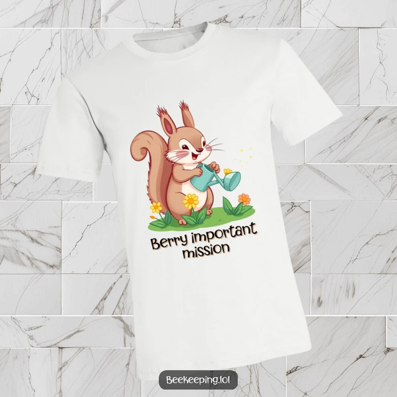 Funny Squirrel Watering Flower T-Shirt: A cheerful squirrel uses a tiny watering can on a flower, showcasing joy.