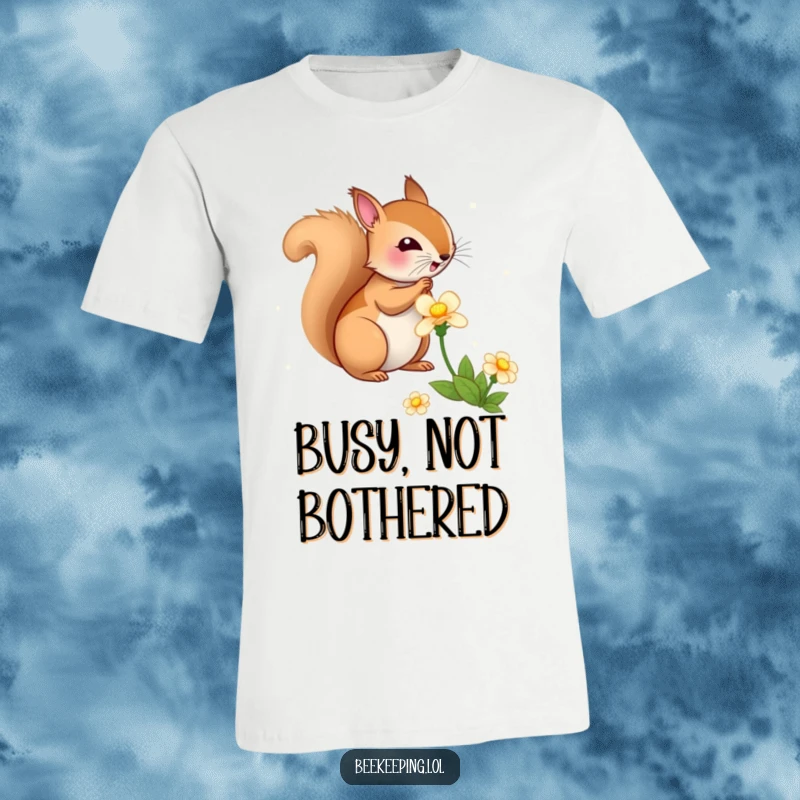 Funny Squirrel Flower T-Shirt, bouncy squirrel collecting nectar from a flower, humorous woodland creature design.