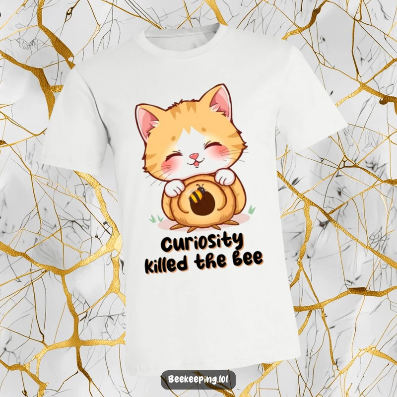 Funny t-shirt: a giggling cat with wide eyes peers inquisitively into a small beehive, highlighting playful feline fascination.