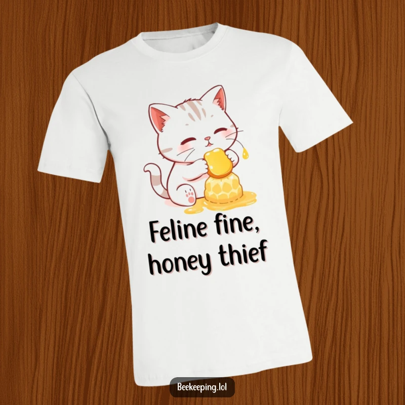 Funny t-shirt featuring a determined cat delicately collecting honey from a luminous, glowing honeycomb.