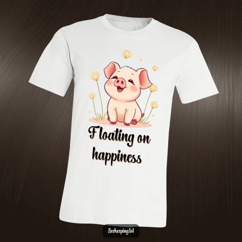 Funny t-shirt featuring a delighted piglet joyfully watching fluffy seed heads drift on the breeze, conveying innocence and humor.