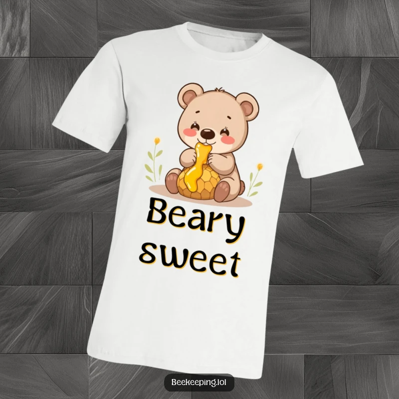Funny smiling bear cub gently collecting honey from a dripping comb, an endearing graphic tee for honey enthusiasts.